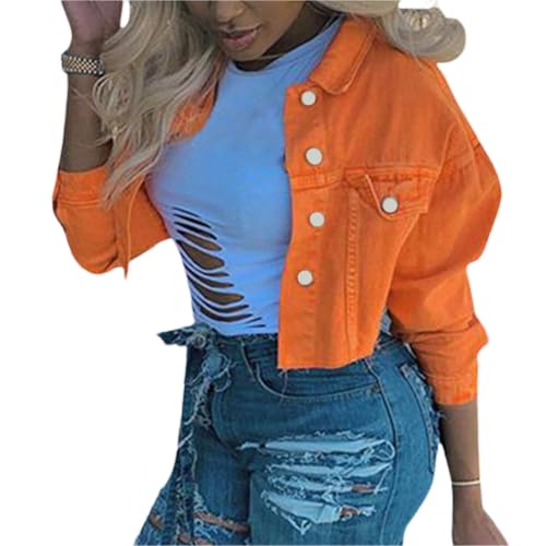 Women's Denim Short Coat, Solid Color Long Sleeve Lapel Jacket Button Down Distressed Hem Crop Jeans Coat3