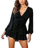 Relipop Women's Jumpsuit Floral Print V Neck Baggy Sleeve Waist Tie Double Layer Ruffle Hem Short Mini Dress Romper (T11, Medium)