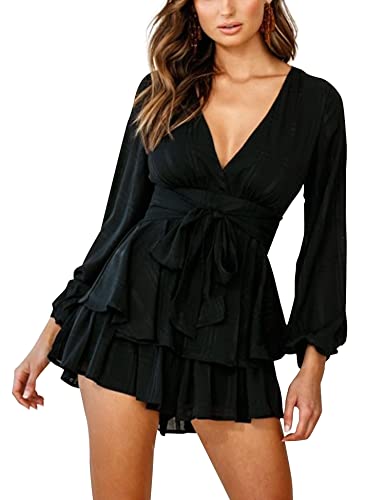 Relipop Womens Floral Print Romper V Neck Long Sleeve Double Layer Ruffle Hem Shorts Jumpsuit 2025 Beach Vacation Outfits
