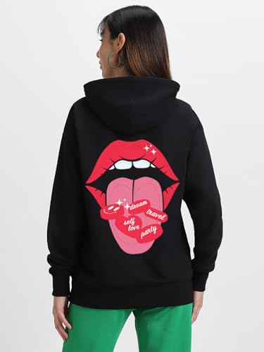 Image of JUNEBERRY Cotton Fleece Regular Fit Hooded Sweatshirt Lastest Back Graphic Printed Winter Hoodies for Women (Available in Colors: Black, SOYA Bean, Orange, Marshmellow, White & Lilac)