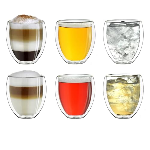 Creano Vasos de doble pared 250ml DG-Bully, vaso térmico grande de doble pared de vidrio borosilicato, vasos para café, vasos para té, vasos para café con leche 6x 250ml 6 piezas (paquete de 1)