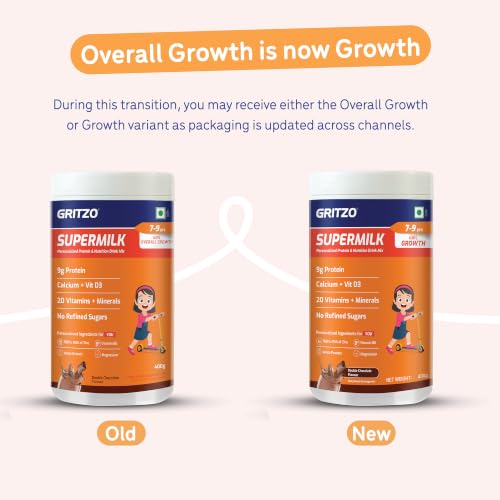 Image of Gritzo SuperMilk Overall Growth (7-9y Girl), Double Chocolate, 400g | 9g Protein with 20 Vitamins & Minerals | Zero Refined Sugar