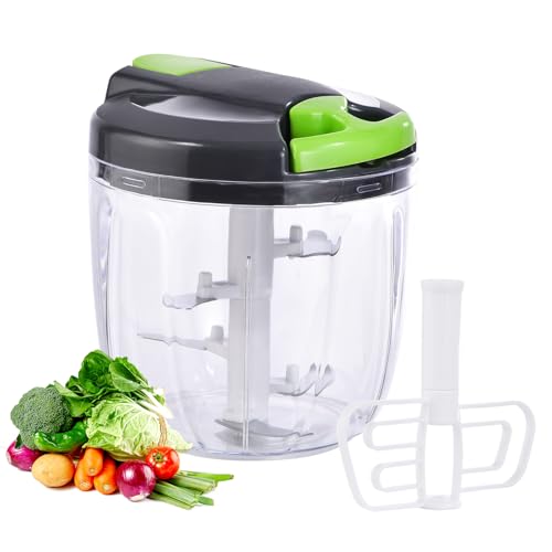 VegCuutPull & Chop Food Processor, Portable Multi-Function Manual Food Processors & Hand Chopper/Mixer/Blender for Veggies, Ginger, Fruits, Nuts, Herbs 900ml （Green）