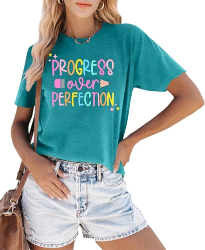 Teacher T-Shirt for Women Progress Over Perfection Graphic Shirt Inspirational School Teaching Tee Top3