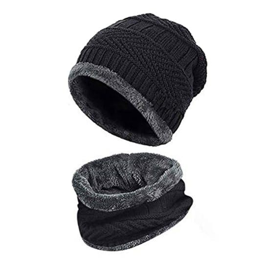 Winter Woolen Hat & Scarf Set for Men Women | Thick Fleece Lined Beanie Cap with Neck Warmer | Warm Knit Winter Cap & Scarf Combo for Outdoor Snow, Cycling, Hiking, Biking (Black)-image-6