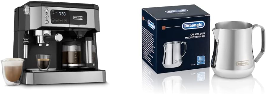 DeLonghi All-in-One Combination Coffee Maker & Espresso Machine + Advanced Adjustable Milk Frother & Stainless Steel Milk Frothing Pitcher, 12 ounce 350 ml, Barista Tool, Frother Jug, 12 oz
