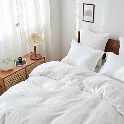 Simple&Opulence 100% Linen Duvet Cover Set With Washed-French Flax-3 Pieces Solid Color Basic Style Bedding Set-Breathable Soft Comforter Cover With 2 Pillowshams(King,White) #TOP4