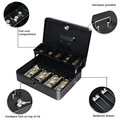 Sgorlds Cash Box Key Lock On Top, 11.8L X 9.5W X 3.5H Inches, Black Metal Money Box With Tray & Key Lock,Tiered Locking Cash Boxes,Durable Lock Safe Box With Key,4 Bill / 5 Coin Slots,Large #TOP1