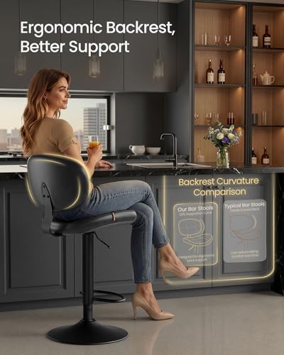 Image of VASAGLE Bar Stools Set of 2, Height Adjustable Kitchen Barstools, Swivel Bar Chairs with Back and Footrest, Quilt PU Leather Surface, Dining Room, Counter, Steel, Ink Black ULJB150B101S