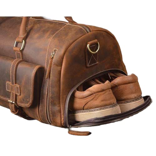 The Tannery Uniseks dorosły vintage szalony koń skóra licowa podróżna torba na bagaż, skórzane torby z nocnym weekendem (61 cm, szalony koń), Szalony koń, 24 inch