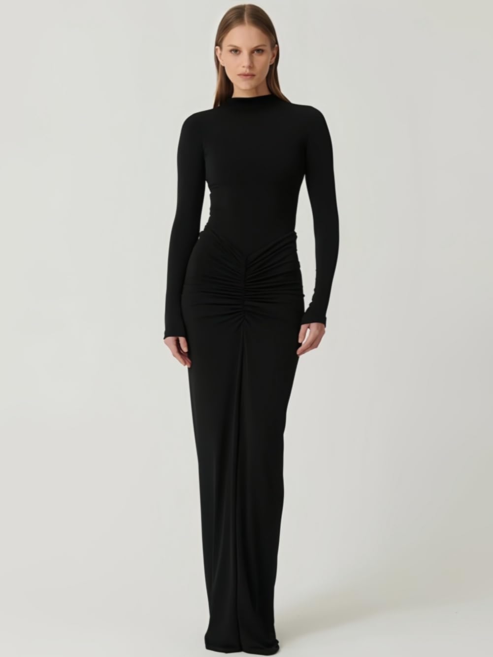 Vestito Donna Elegante Maniche Lunghe Maxi Abito Aderente con Scollo Alto Sexy Vestiti Lungo a Pieghe Abiti da Sera Cerimonia Festa Cocktail Matrimoni Autunno Inverno Casual Bodycon Tubino