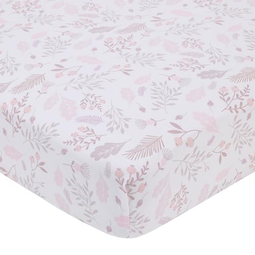 NoJo Sweet Bunny Pink, White, and Taupe Floral Leaf 100% Cotton Nursery Fitted Crib Sheet
