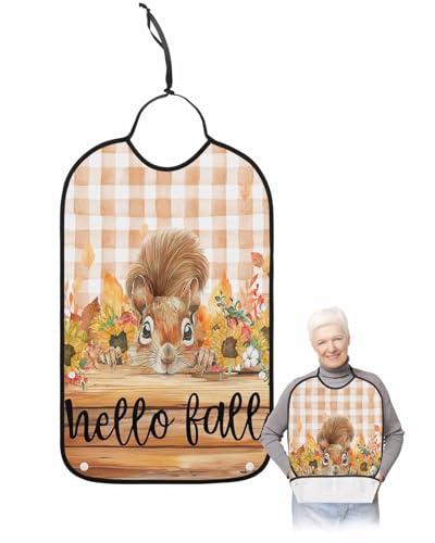 LEOKOTI Hello Fall Squirrel Adult Bibs for Eating, Waterproof Bibs with Food Catcher & Adjustable Snap Closure, Pumpkins Thanksgiving Orange Plaid Washable Clothing Protectors Adult Bibs for Elderly