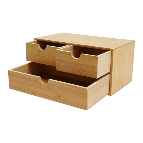 Qussse Bambus Schreibtisch Organizer mit Schubladen Schubladenbox Bambus Mini Kommode, einteiliges Design, Regalkasten Schminkkasten mit 3 Schubladen für Büro Wohnzimmer und Schlafzimmer