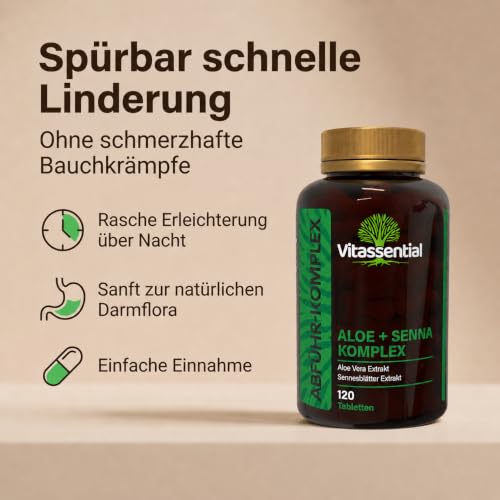 Vitassential Aloe + Senna Komplex - Natürliches Abführmittel schnell wirkend & stark - Stuhlweichmacher bei Verstopfung, Darmreinigung & Stoffwechsel für Erwachsene - 120 Tabletten