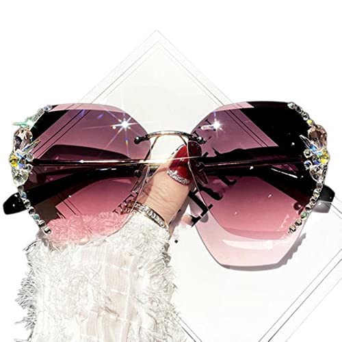 TOBILE Lunettes de soleil vintage sans monture avec strass pour femmes et hommes - Verres dégradés - Violet dégradé