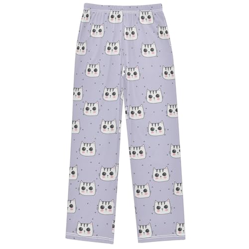 Boy's Pj Pants Kitten Watercolor Bright Cartoon Cat Lounge Bottoms Elastic Waist Kids Joggers with Pockets Size 6-14