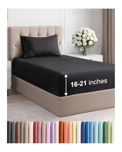 GIGBEI breathable cooling bed sheets, ultra-soft fade resistant, 16 to 21 inch extra deep pockets, twin size sheet set, hotel luxury bedding, black, piece