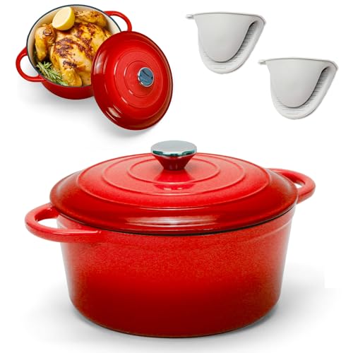 Enameled Cast Iron Dutch Oven with Lid, Non-Stick Ovenproof Casserole Pot, Red Dutch Oven for Braising, Stews, Roasting & Bread Baking 4Litres-24cm(bread kit is not included)