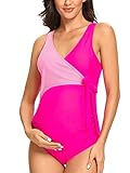 Tempotrek Maternity Swimsuit One Piece Elegant V Neck Pregnancy Swimwear Tie Front Bowknot Bathing Suit Monokini (Rose+Pink, L)