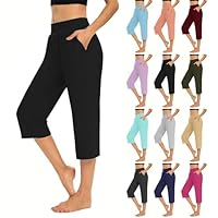 AMDOLE 3/4 Trousers for Women UK Cropped Capri Pants Ladies High Waisted 3/4 Length Trousers Elastic Waist Straight Leg Trouser with Pockets Solid Color Tights Soft Pant Office Work Black L