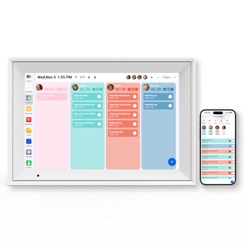 Linkdaze 10.1-inch white frame showing calendar layout — proves the display doubles as a family hub