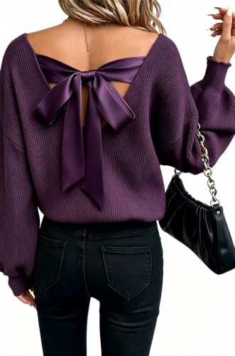 Image of Women's Off Shoulder Bow Back Sweater Deep V Neck Backless Knit Top