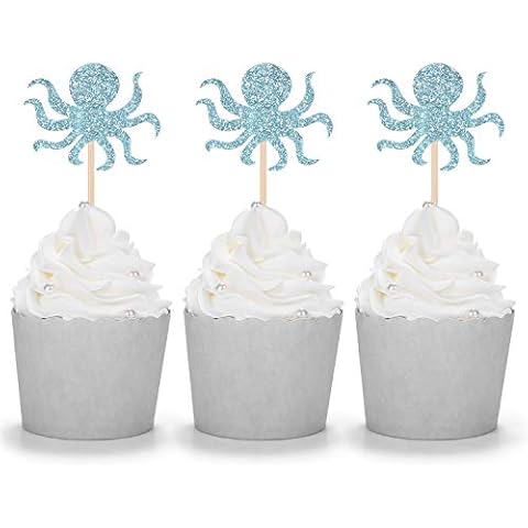 24 CT Blue Octopus Cupcake Toppers Under the Sea Birthday Party Dessert Decoration Picks Cover