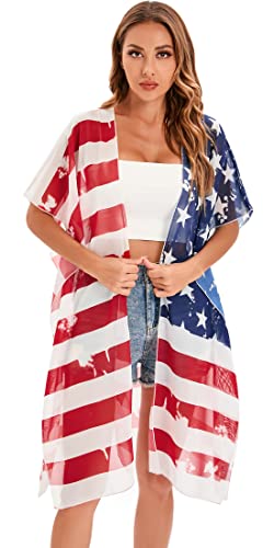 Image of DDSOL Women's American Flag Kimono Cover up Beachwear Cardigan Loose Tops Shirt Blouse
