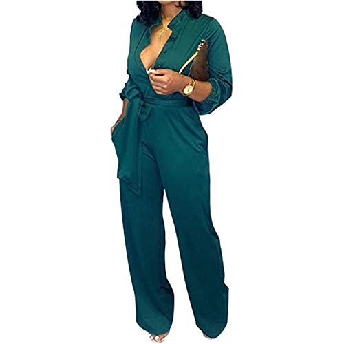 IyMoo Women's Sexy Button Down Belted Wide Leg Long Sleeve V Neck Cocktail Jumpsuit Dark Green X-Large