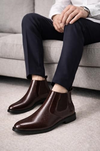 Image of Men's Leather Chelsea Boots | Ankle Boots with Textured Finish Formal & Smart Casual Boots | Comfortable Fit, Trendy, Stylish Boots | Leather Boots for Office /Fashionable