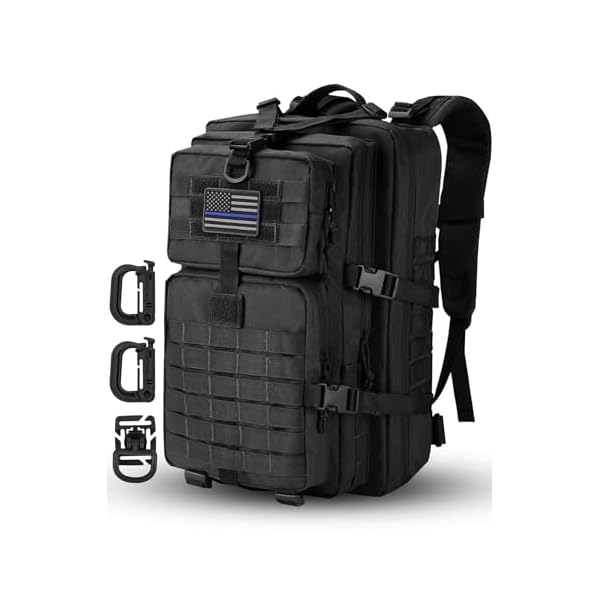 Hannibal Tactical MOLLE Assault Backpack, Tactical Backpack Military Army Camping Rucksack, 3-Day Pack Trip w/USA Flag Patch, D-Rings, Black