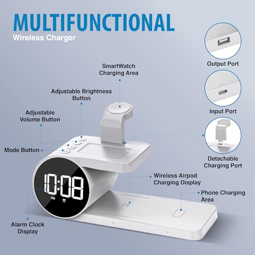 Brookstone BK15-5QC1D-WT 4-In-1 Wireless Charging Station: Stylish | Compatible For Iphone 15,14,13,12 Pro Max Series, All Iwatch Series, Compatible With Airpods 3,2 Pro| Wireless Charging Station With Clock. thumb #4
