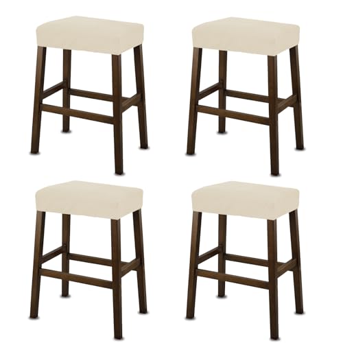 NeColorLife Rectangle Bar Stool Covers,Stretch Waterproof Saddle Seat Covers for Counter Height and Kitchen Island Chairs,Vanity Barstool Cushion Protector,Beige,Pattern A,4 Pack