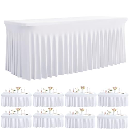 Image of Outpain 8ft Spandex Table Cloth for Standard Folding Tables-8Pack White Table Cloth Table Protector for Party, Wedding, Cocktail, Banquet, Festival