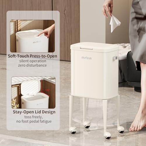 Image of MRBIN Metal Kitchen Trash Can with Wheel Legs, 23L /6.1gal Medium Press on Lid Slim Removable Waste Basket, Pet Proof Garbage Pail for Bedroom, Living Room, Cream White