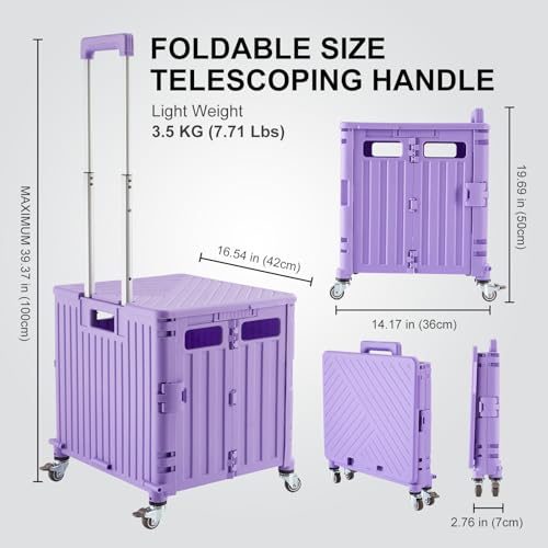 Image of Foldable Utility Cart Folding Portable Rolling Crate Handcart with Durable Heavy Duty Plastic Telescoping Handle Collapsible 4 Rotate Wheels for Travel Shopping Moving Luggage Office Use (Purple)