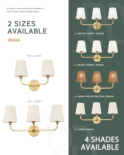 Image of 2-Light Bathroom Light Fixtures, Brushed Gold Vanity Lights, Double Wall Sconce with Linen Fabric Shade, Modern Sconces Wall Lighting for Hallway Bedroom Stairway, VL837-BG-A-2