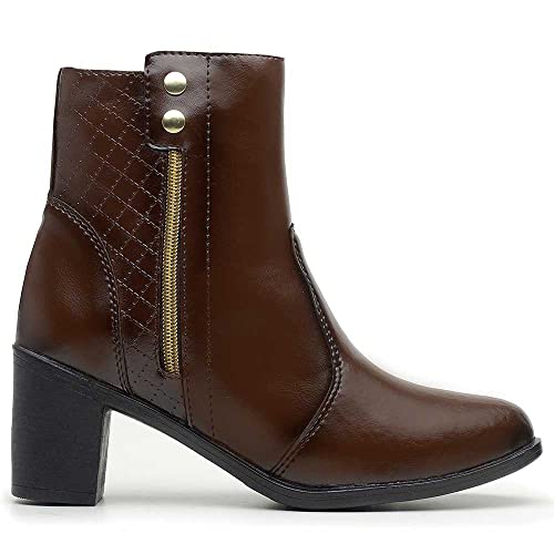 Bota Feminina Preta Ankle Boot De Salto Alto Texturida Com Zíper Cano Médio Tamanho:38;Cor:Marrom Es