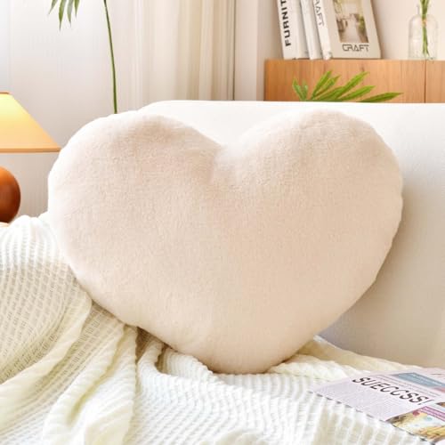 XVTRU Beige Heart Pillows, Cute Heart Decorative Pillow, Heart Shaped Throw Pillows for Bed, Faux Rabbit Fur Plush Hoom Decor Pillow Cushion for Chair Sofa Living Room (Mini 12.9" x 9.8")
