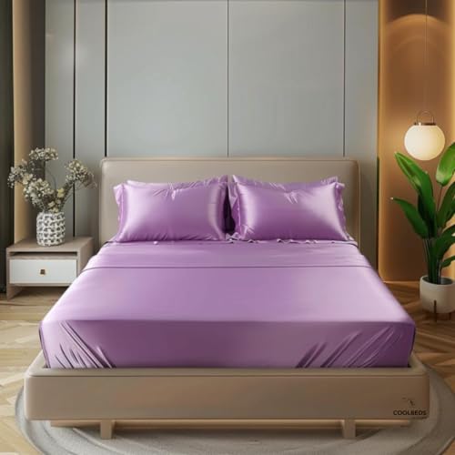 Image of COOLBEDS Satin Elastic Fitted Sheet & 2 Pillow Covers (Single, Lavendar)