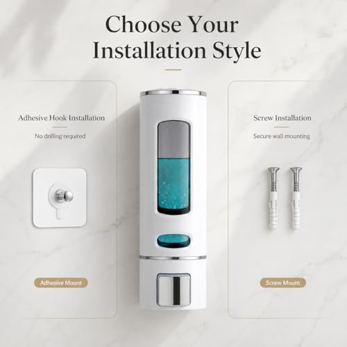 Image of Wall-Mounted Soap Dispenser 400ml with Adhesive Hook, No-Drill ABS Plastic Dispenser for Kitchen, Bathroom, Hand Wash, Shower Gel, Sanitizer Capsule Design White