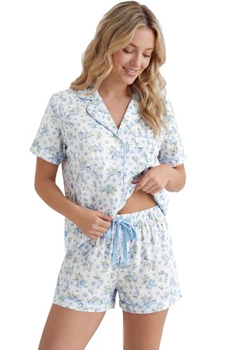 Image of LUBOT 100% Cotton Pajamas for Women 2 Piece PJ Set Poplin Woven Lightweight Ladies Button Short Sleeve Sleepwear S-XXL