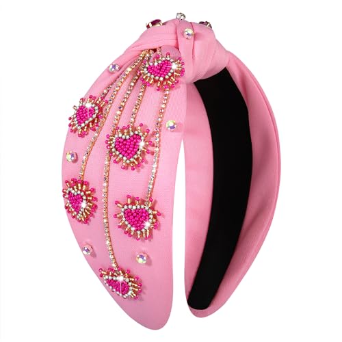MOLOCH Valentine's Day Headband for Women Rhinestone Beaded Heart Headbands Crystal Knotted Bejeweled Wide Velvet Fashion Hairband Valentines Day Hair Accessories Party Gifts
