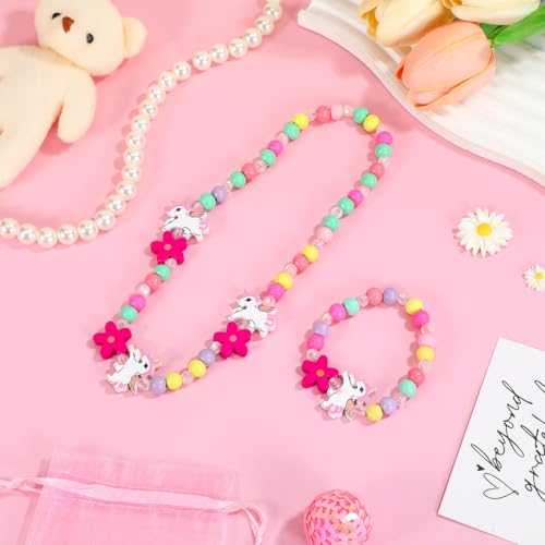 Amosfun Holzperlen Einhorn Schmuckset FüR Kinder, Bunte Halskette Und Armband, Kreatives Einhorn Präsent FüR MäDchen, Ideal FüR Geburtstag Und Party