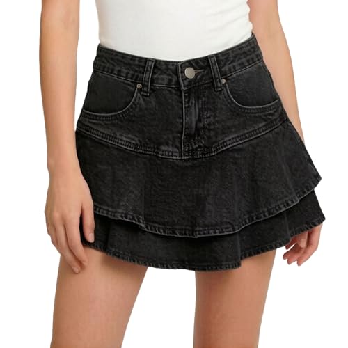 MXTPOV Girls Denim Skirt High Waisted Tiered Ruffle Mini Skirts Casual Stretchy Jean Skort with Front Pockets Black Jean Shorts for Girls Size 9-10