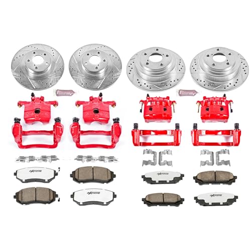 Image of PowerStop Front and Rear Brake Kit for Saab 9-2X 2005-06 |Subaru Forester 2004-08 - Drilled & Slotted Disc Rotors + Carbon-Fiber Ceramic Brake Pads + Red-Powder Coated Calipers, KC2376-26