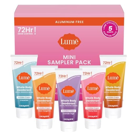 Lume Whole Body Deodorant 5 Pack Sampler - Invisible Cream Tube - 72 Hour Odor Control - Aluminum Free, Baking Soda Free, Skin Safe - .5 ounce Mini Tubes (Clean Tangerine, Lavender Sage, Peony Rose, Toasted Coconut, Unscented)