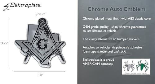 Image of Elektroplate Texas Masonic Square and Compass All Metal Emblem for Cars, Trucks, and All Auto | Universal Fit at 3.25 inch x 3 inch | Weatherproof