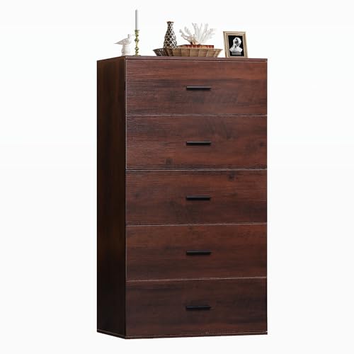 Image of WLIVE Tall Dresser for Bedroom, Wood Chest of Drawers with Mental Handles, Brown Bedroom Dresser with 5 Drawers, Modern Minimalist Closet Store Organizer for Living Room, Hallway